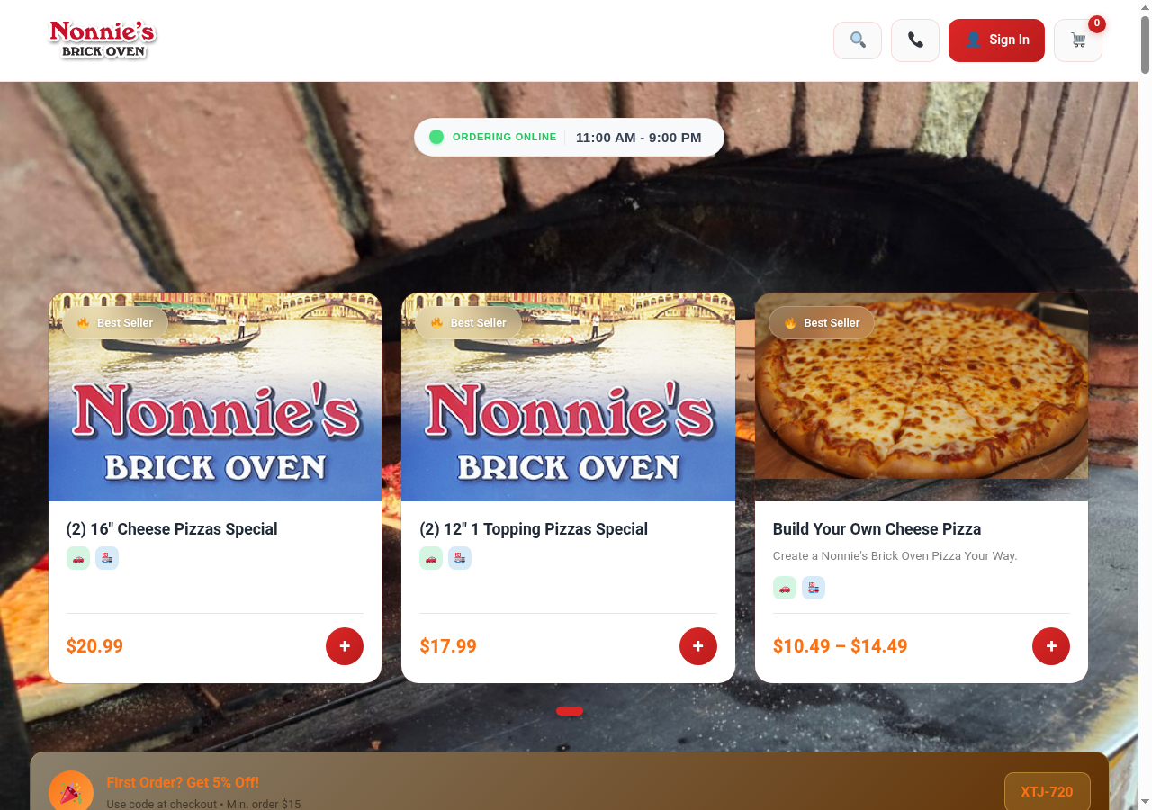 Nonnies Brick Oven Pizza website preview